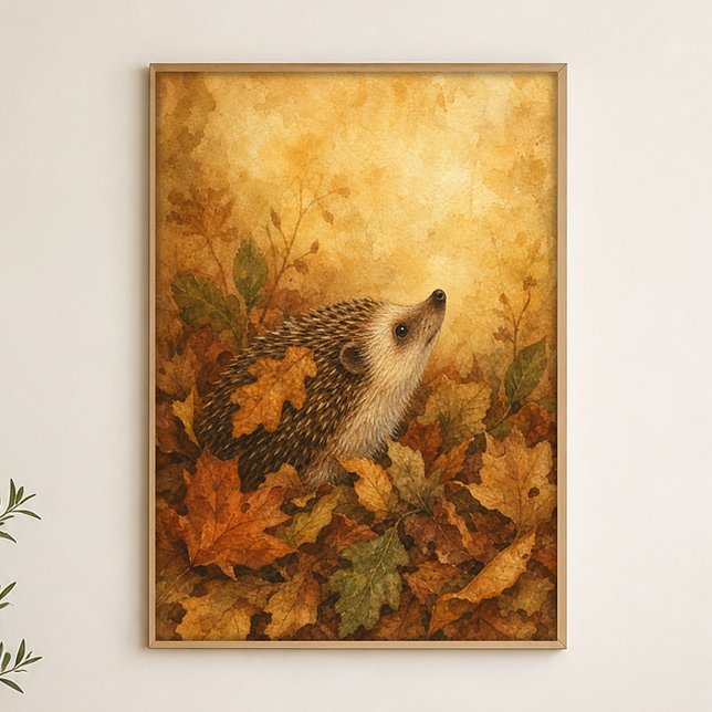 Hérisson dans les feuilles d'automne Affiche aquar (Shown framed for scale. Poster ships unframed; frames are an optional add-on.)