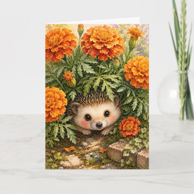 Hérisson Marigold Jardin Aquarelle Carte Vierge (Devant)