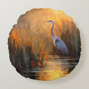Héron du Crépuscule Doré Coussin en Aquarelle d'Au