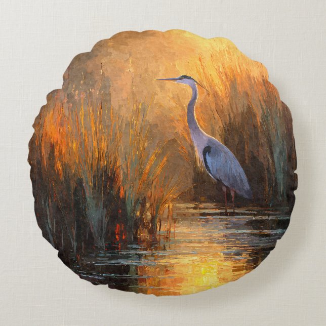 Héron du Crépuscule Doré Coussin en Aquarelle d'Au (Devant)