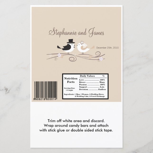 Hershey's Large Bar Wrapper Mariage Birds Bride (Devant)