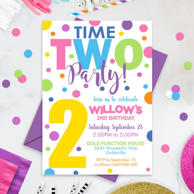 Heure Deux Fêtes Anniversaire Invitation 2e Annive (Time Two Party Birthday Invitation - 2nd Birthday invitation Girl - Digital or Printed)