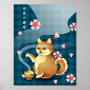 Heure du thé Chibi Shiba Inu Teapot Kanji Poster
