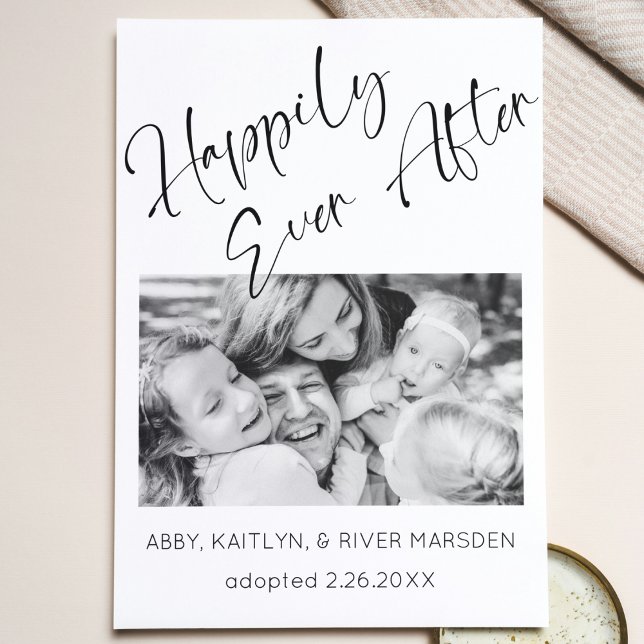 "Heureusement après" Photo Adoption Faire-part ("happily ever after" black and white script photo adoption announcement card elegant simple modern)