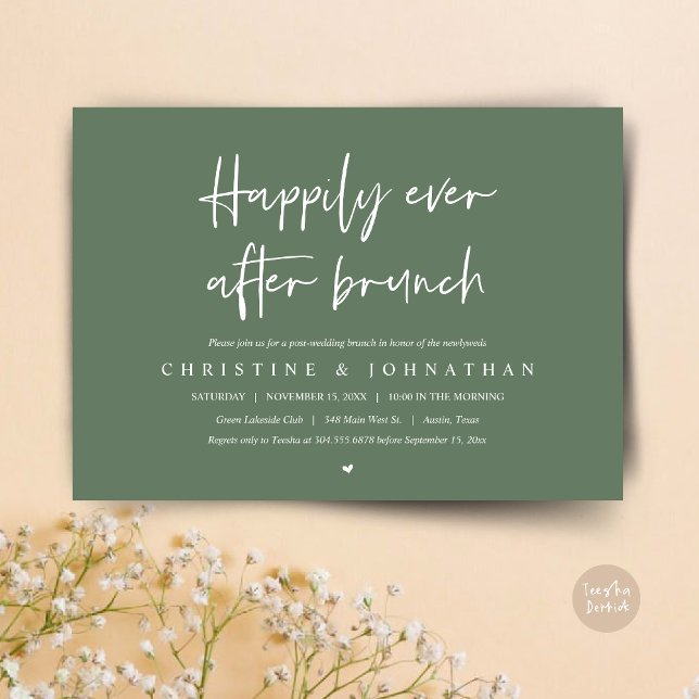 Heureux après le brunch, postez faire-part de mari (Happily ever after brunch party, post wedding invitation card, pdf, in forest sage green)