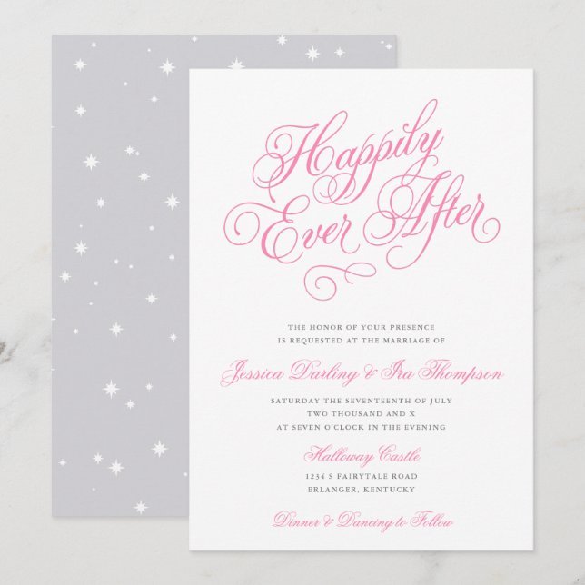 Heureux toujours après Faire-part de mariage rose  (Devant / Derrière)
