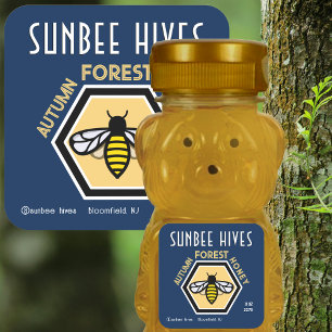 Hexagon Bee Moderne Étiquette de miel bleu