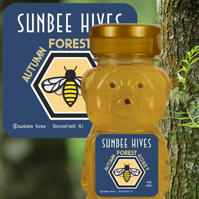 Hexagon Bee Moderne Étiquette de miel bleu (Créateur téléchargé)