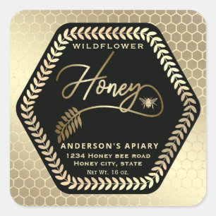 Hexagon branche or bee miel bocal autocollant carr