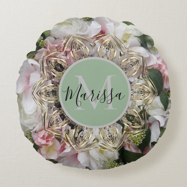 Hexagon d'or floral Mandala Monogramme Coussin ron (Devant)