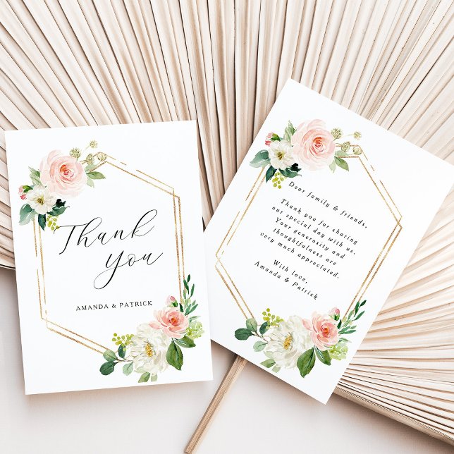 Hexagon Gold Frame Blush Rose Floral Merci (Front & Back)