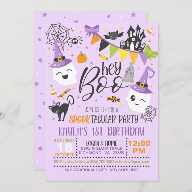 Hey Boo Halloween Invitation Anniversaire - Violet (Devant / Derrière)