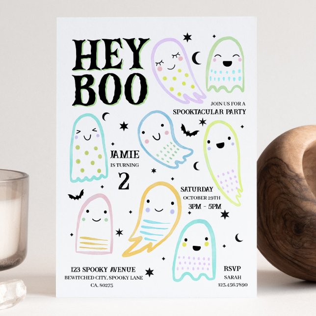 Hey Boo Halloween Pastel Ghost Invitation Annivers (Créateur téléchargé)