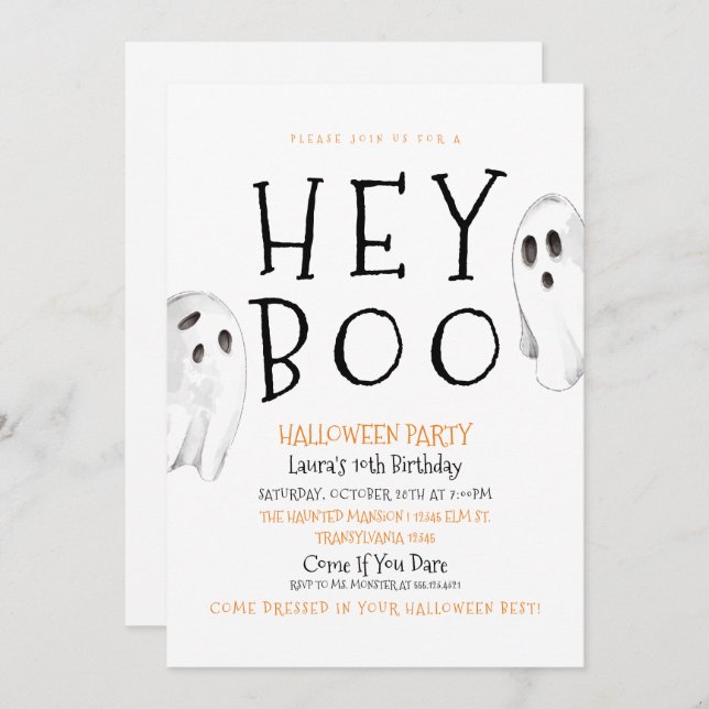 Hey Boo, Joli Fantôme Invitation Halloween (Devant / Derrière)