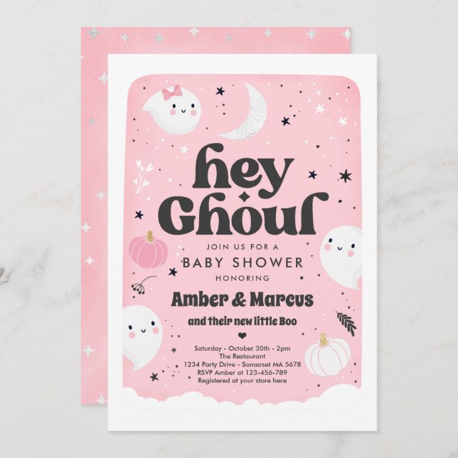 Hey Ghoul Rose Girl Baby shower fantôme Invitation (Devant / Derrière)