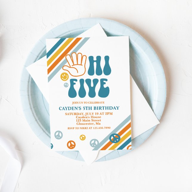 Hi Five Retro Boy 5th Birthday Invitation (Créateur téléchargé)