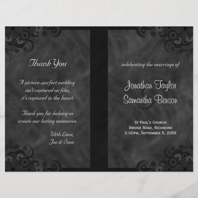 Hibiscus Black Floral Goth Folded Wedding Programm (Devant)
