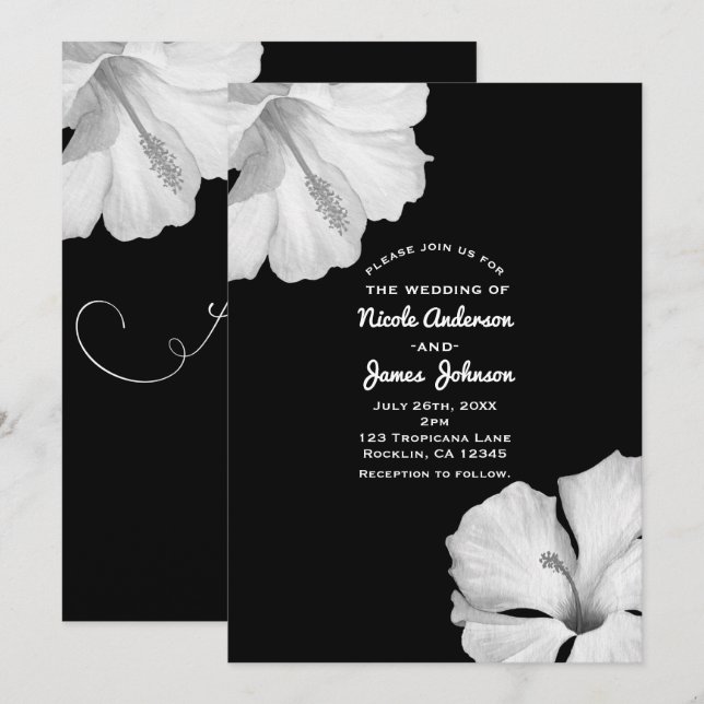 Hibiscus blanc Black Tropical Wedding Invitations (Devant / Derrière)