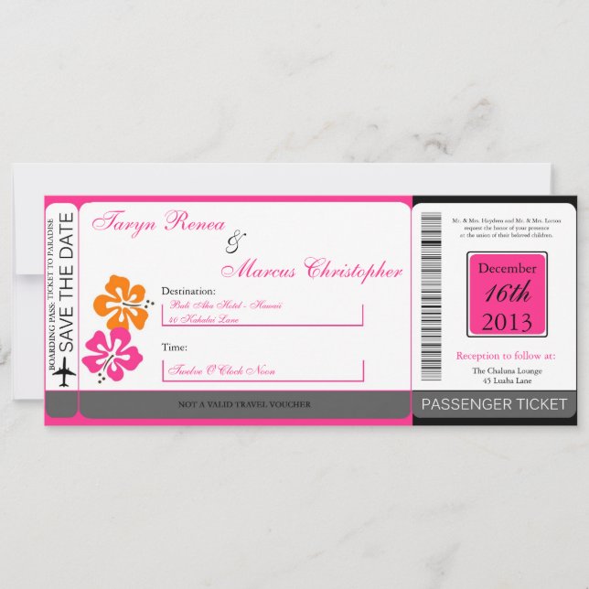 Hibiscus Boarding Pass Linen Faire-part de mariage (Devant)