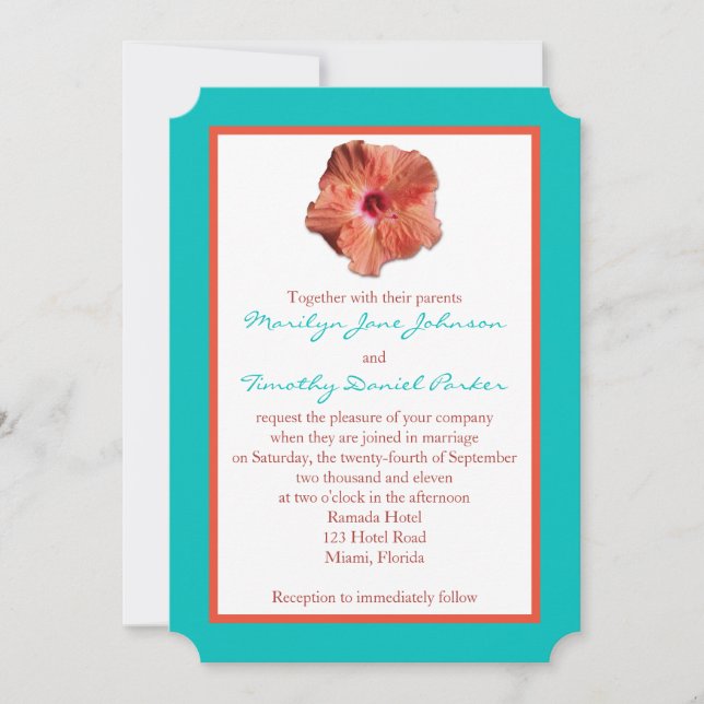 Hibiscus de Corail et Faire-part de mariage Aqua I (Devant)