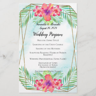 Hibiscus Flower Watercolor Beach Wedding Programme