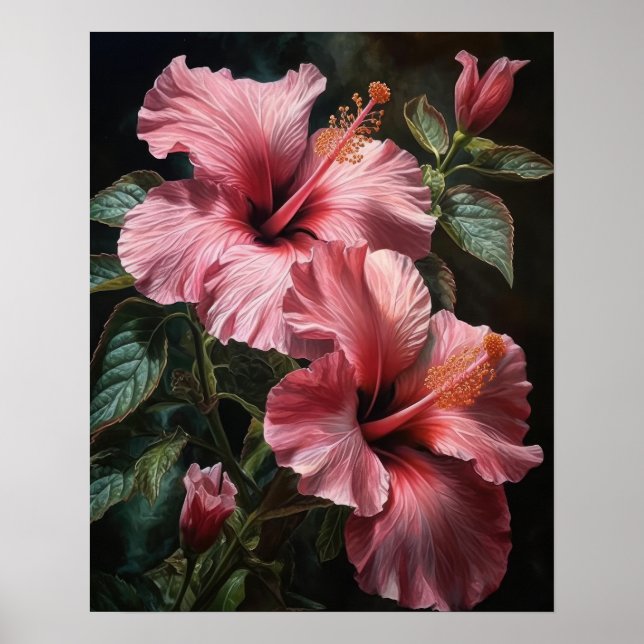 Hibiscus rose Fleurs Art Imprimer Poster (Devant)