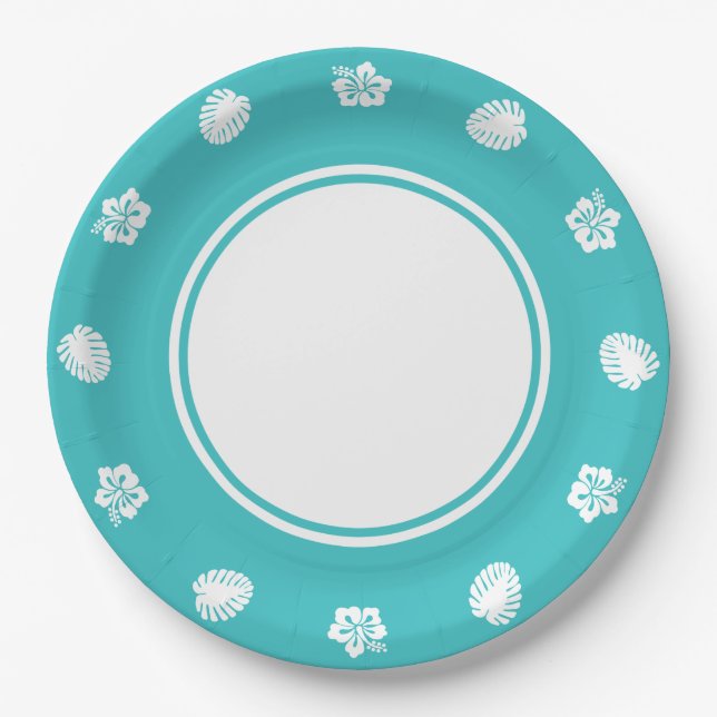 Hibiscus Tropical sur Assiette en Papier Turquoise (Devant)