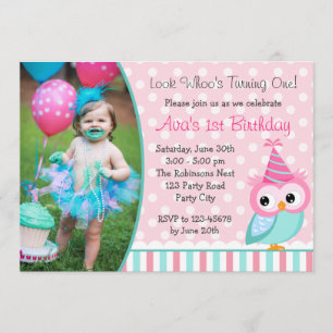 hibou 1er anniversaire Invitations avec photo Turq