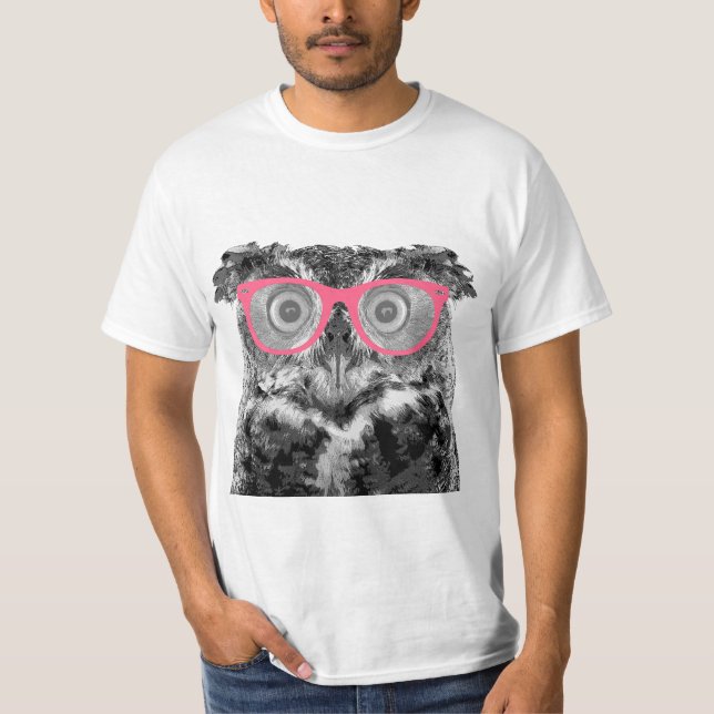 Hibou avec le T-shirt drôle mignon en verre roses (Devant)