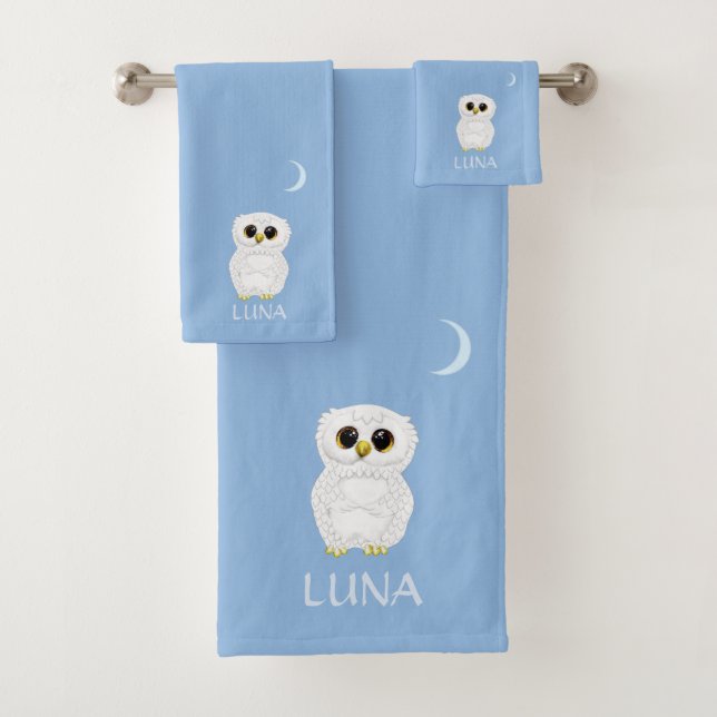 Hibou blanc et croissant de lune sur fond bleu cie (En situation)