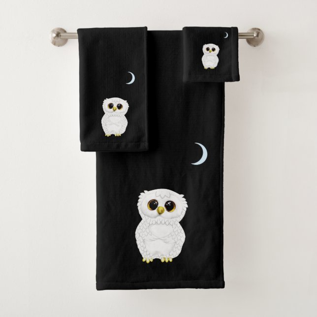 Hibou blanc et croissant de lune sur fond noir (En situation)