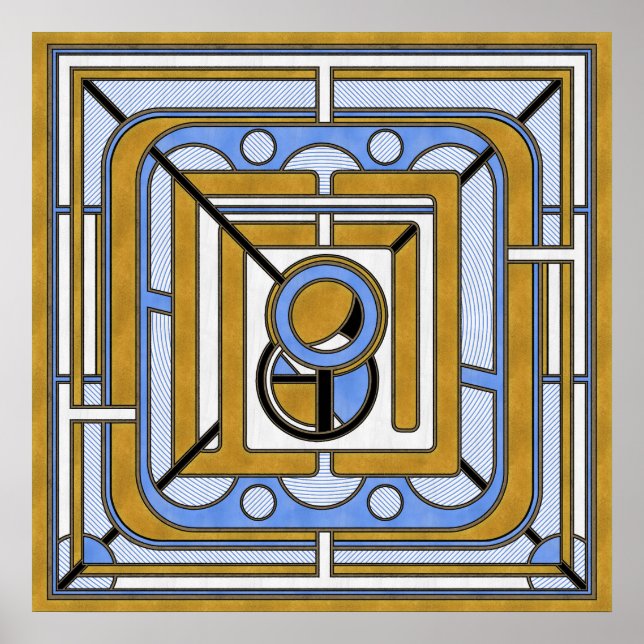 Hibou - Bleu et or Art Déco Abstrait (Devant)