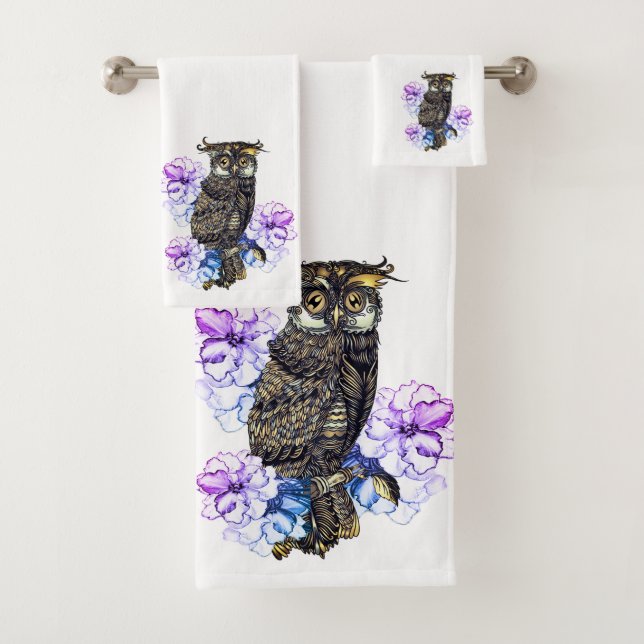 Hibou Brun Fleurs Violettes  (En situation)