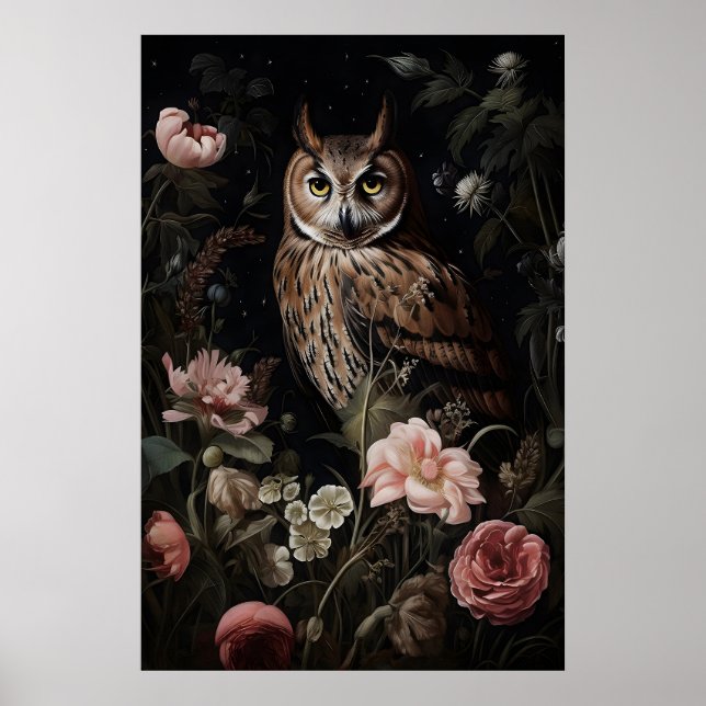 Hibou dans une impression de fleur, portrait mural (Devant)