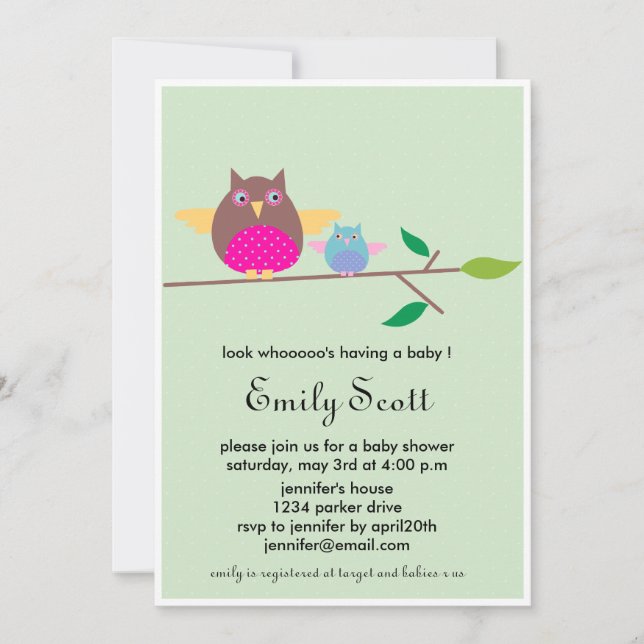 Hibou de bébé de la maman n - invitations verts de (Devant)