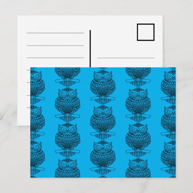 Hibou (motif bleu) - Carte postale (Devant / Derrière)