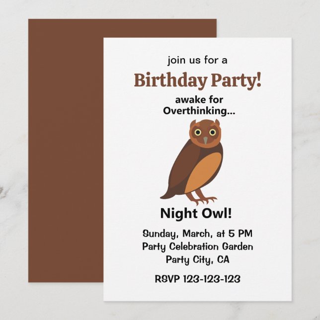 Hibou Nocturne Rêveur Invitation de Fête d'Anniver (Devant / Derrière)