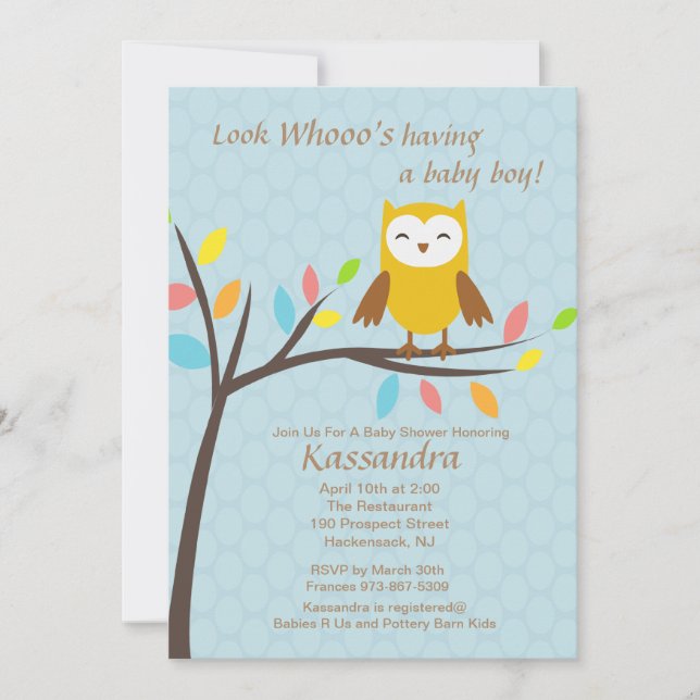 Hibou qui a un bébé garçon baby shower Invitation (Devant)