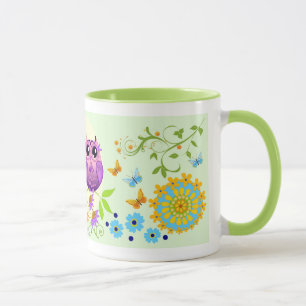 Hiboux mignons d'été, fleurs et tasse nommée faite