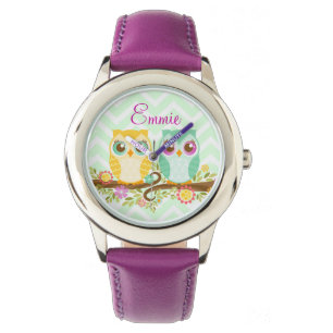Hiboux oranges et turquoises - montre-bracelet