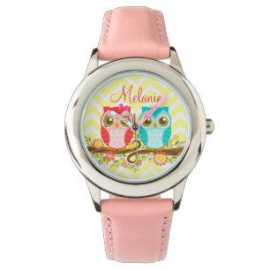 Hiboux roses et bleus - montre-bracelet faite sur