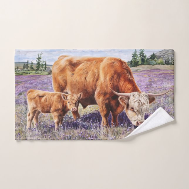 Highland Cow and Calf Purple Fleurs sauvages (Serviette à main)