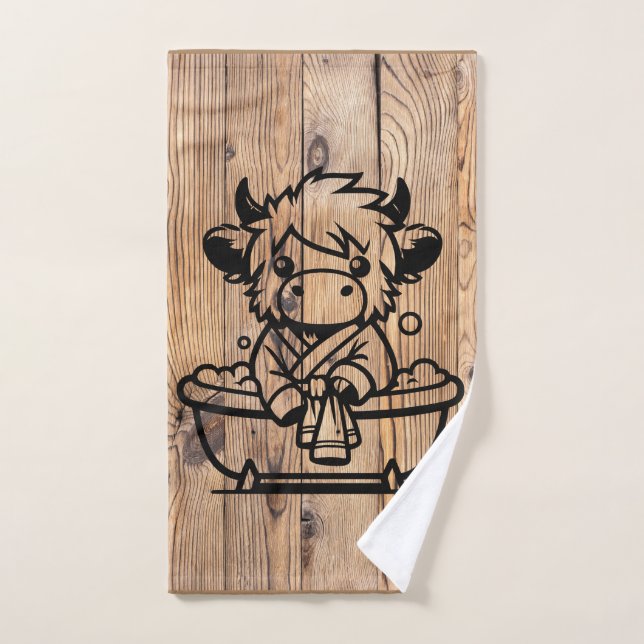 Highland Cow Faux Woodgrain (Serviette à main)