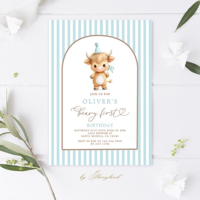 Highland Cow First Birthday Boy Invitation (Créateur téléchargé)