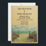 Hilton Head Beach Vintage Wedding Invitation<br><div class="desc">Vintage Hilton Head South Carolina Wedding Invitations présentant une belle scène de plage de sable avec clôture en bois et nuages bouffants dans un ciel bleu. Ce design rétro cool du milieu du siècle est le moyen idéal pour rassembler les invités à votre mariage de plage de destination. Correspondance Enregistrer...</div>