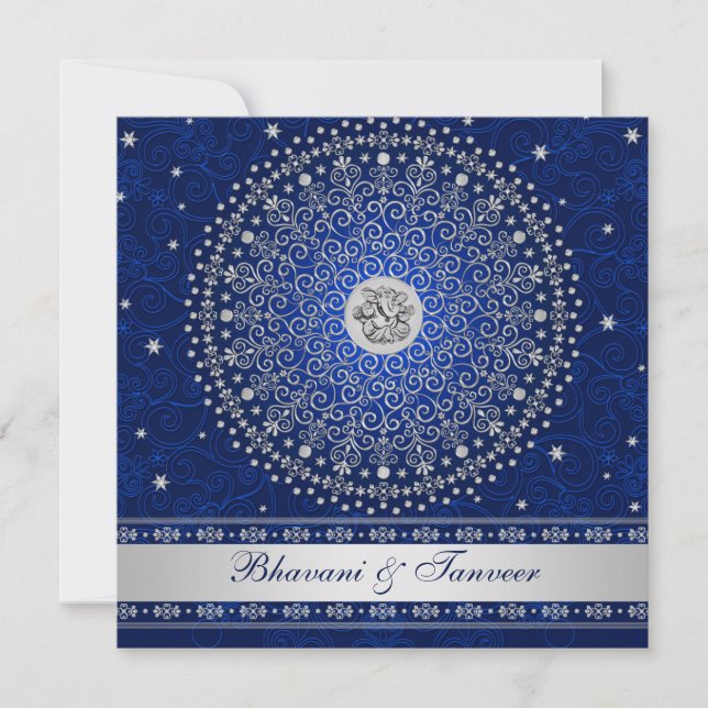 Hindu Ganesh Blue Silver Scrolls Invitation de mar (Devant)