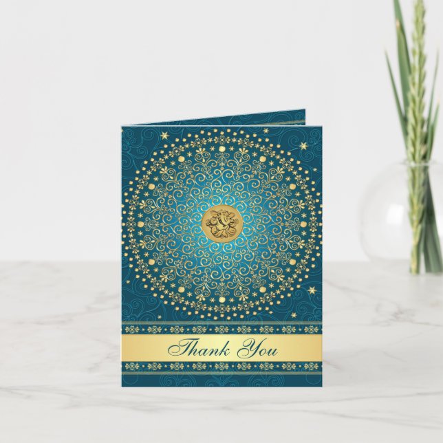 Hindu Ganesh Turquoise Gold Scroll Stars Carte de  (Devant)