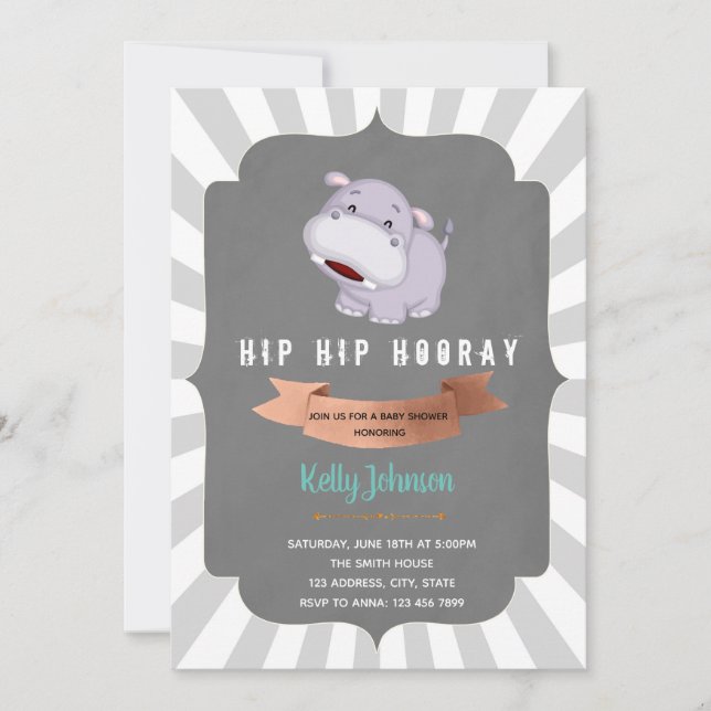 Hip hippo Houray Invitation baby shower (Devant)