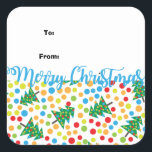 Hip Polka Dot Christmas Tree Cadeau Tag Stickers<br><div class="desc">Des pois colorés se mêlent aux arbres de Noël pour créer un motif de Noël branché et branché. En plus des pois rouges et verts,  il y a aussi des points bleus et oranges. Joyeux Noël est également écrit en bleu. Le motif prend une allure presque tropicale ou nautique.</div>