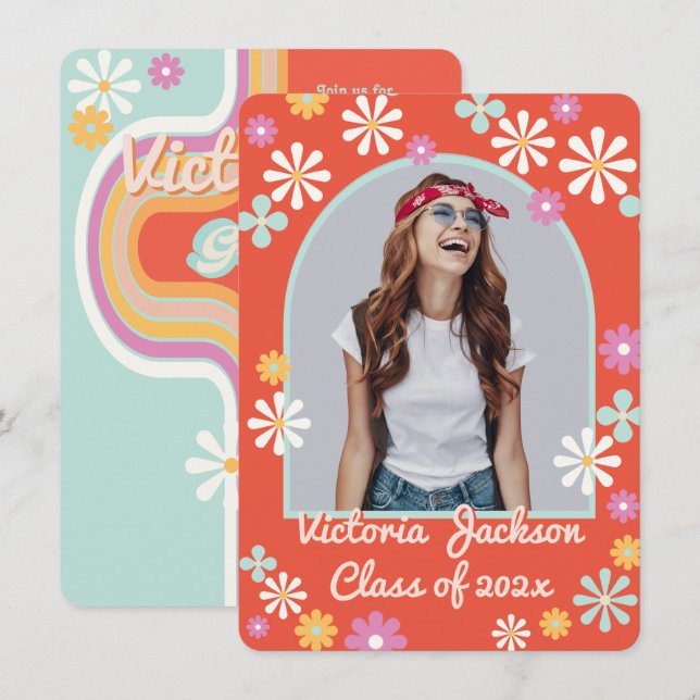 Hippie Flower Power Photo Graduation Invitation (Devant / Derrière)